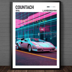 Lamborghini Countach 1974 Poster - Retro 80s Neon Aesthetic, Vintage Sports Car